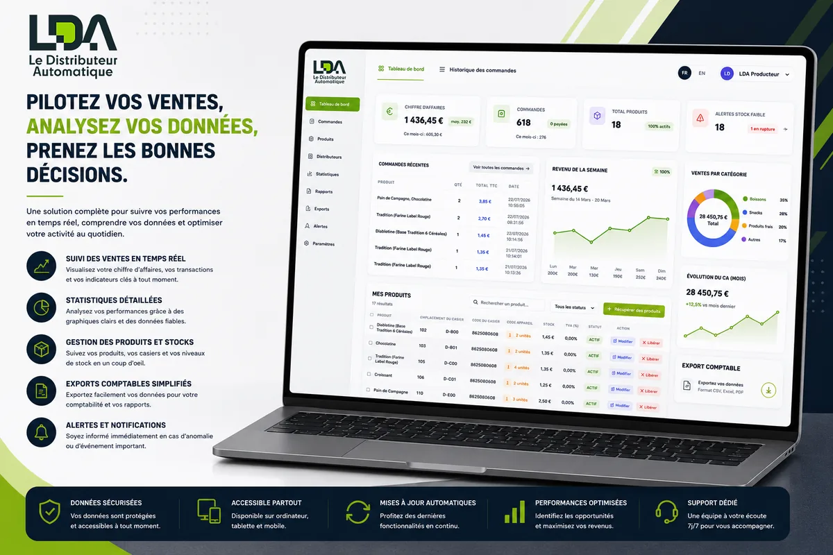 The vending platform we built for LDA: sales dashboard, order history, product and stock management, and accounting export